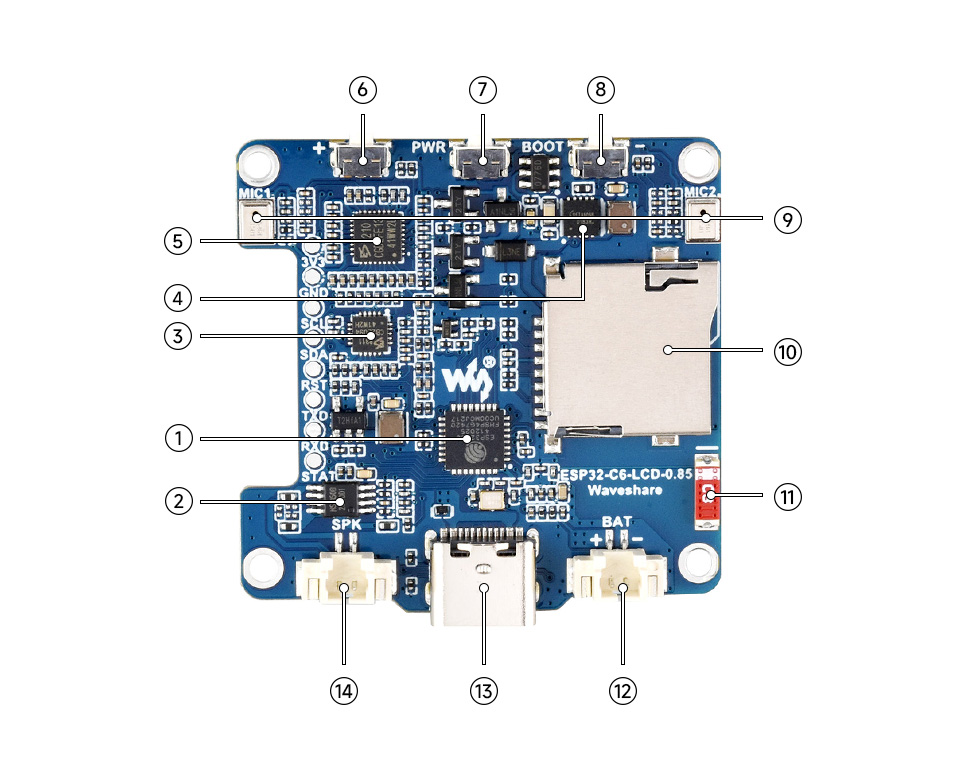 ESP32-C6-LCD-0.85 PCB 板载资源及芯片位号图