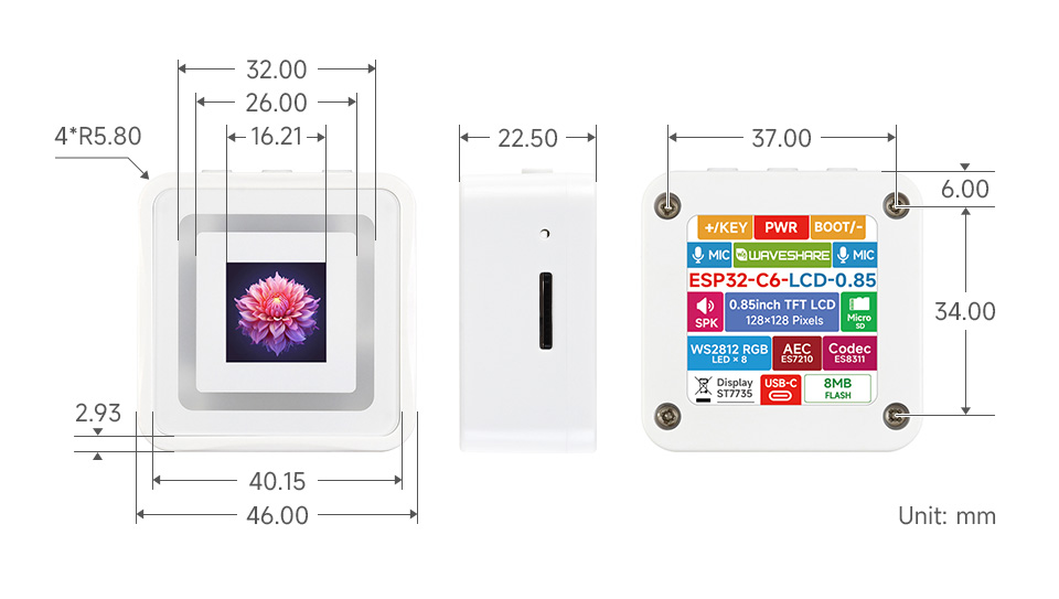 ESP32-C6 0.85 英寸 LCD 开发板尺寸及接口定义图