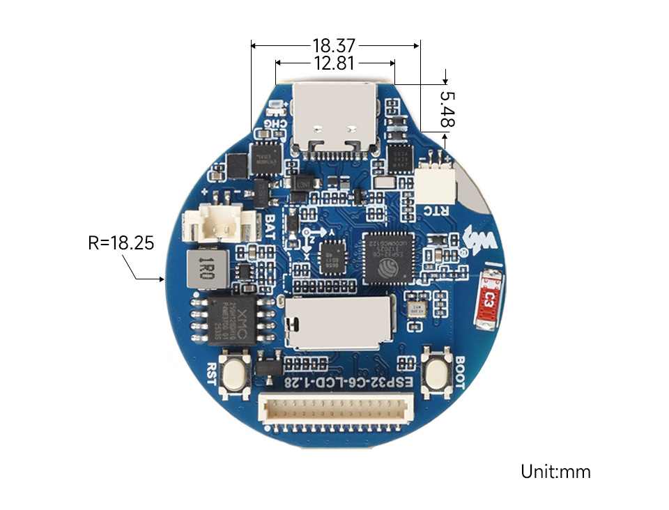 ESP32-C6 1.28 英寸液晶开发板产品尺寸