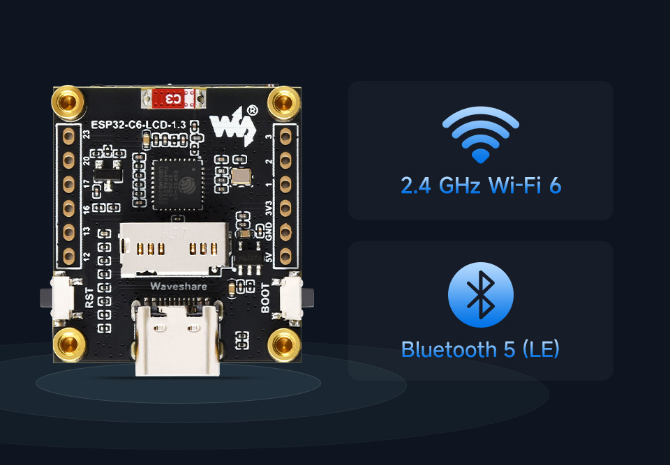 支持 Wi-Fi 6、蓝牙 5 和 IEEE 802.15.4（Zigbee 3.0 和 Thread)，其低功耗蓝牙子系统支持 Bluetooth 5 (LE) 和 Bluetooth Mesh 