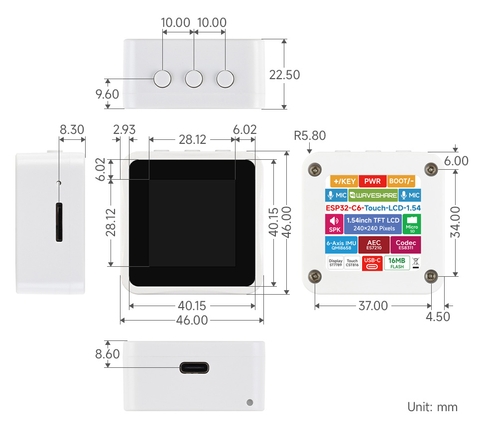 ESP32-C6 1.54 英寸触摸液晶开发板产品尺寸
