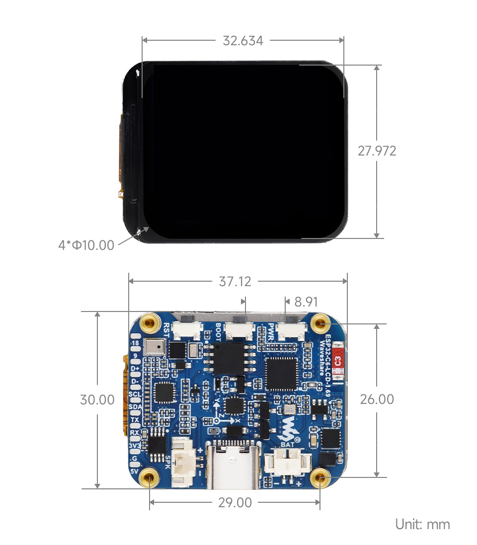 ESP32-C6 1.69 英寸 LCD 开发板产品尺寸