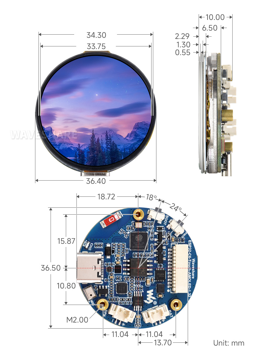 ESP32-C6-Touch-AMOLED-1.32 英寸开发板产品尺寸