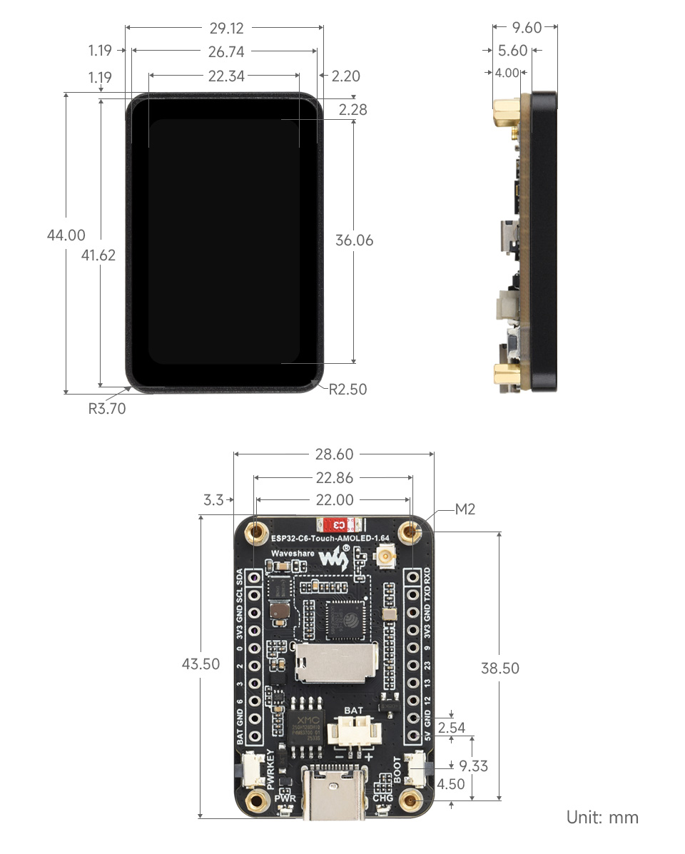 ESP32-C6-Touch-AMOLED-1.64 开发板产品尺寸