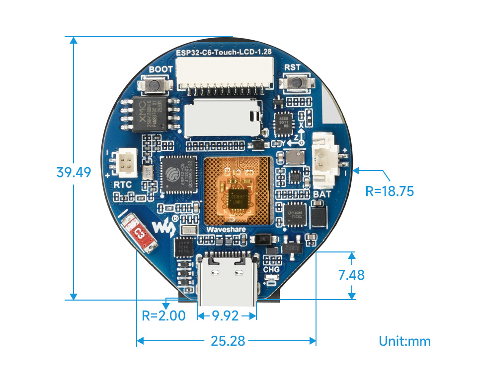 ESP32-C6 1.28 英寸触摸液晶开发板产品尺寸
