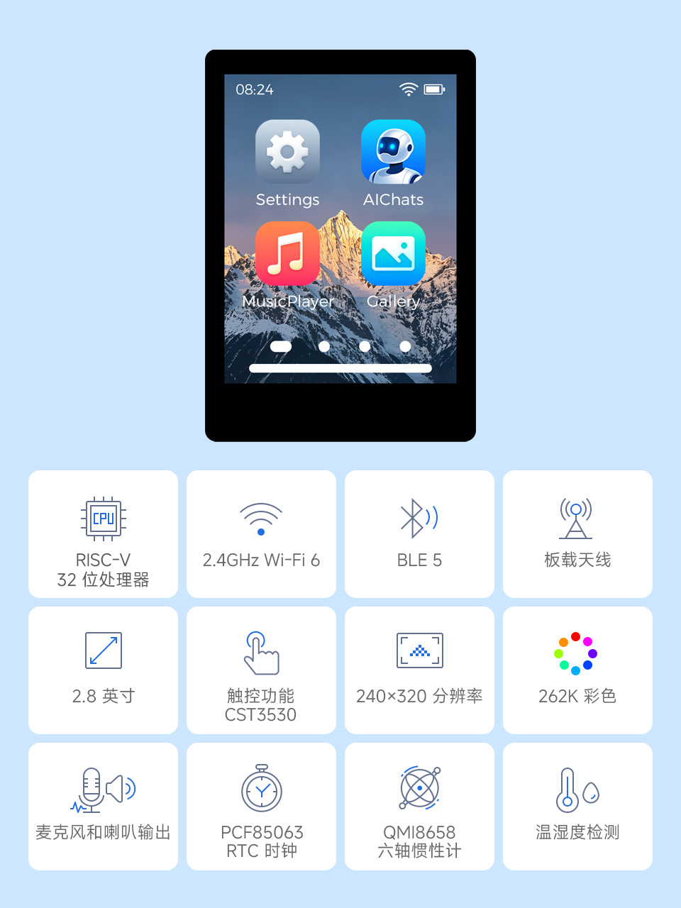ESP32-C6 2.8 英寸电容触控屏开发板，并带有特性图标如：LX7双核处理器，2.4GHz Wi-Fi，蓝牙BLE5，板载天线，屏幕尺寸，5点触控，分辨率，262K彩色，音频播放，PCF85063 RTC时钟，QMI8658惯性计，多种接口