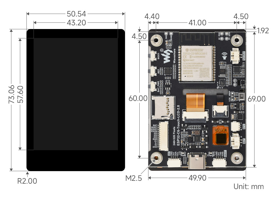 ESP32-C6 2.8 英寸电容触控屏开发板产品尺寸