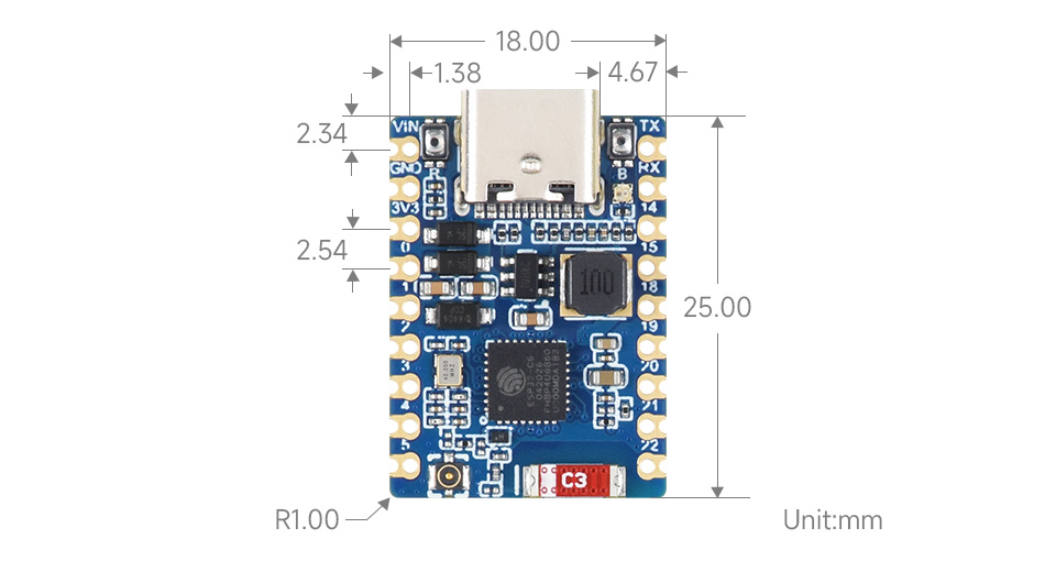 ESP32-C6-Zero-B 产品尺寸