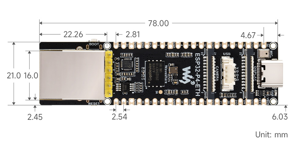 微雪 ESP32-P4-ETH  开发板产品尺寸
