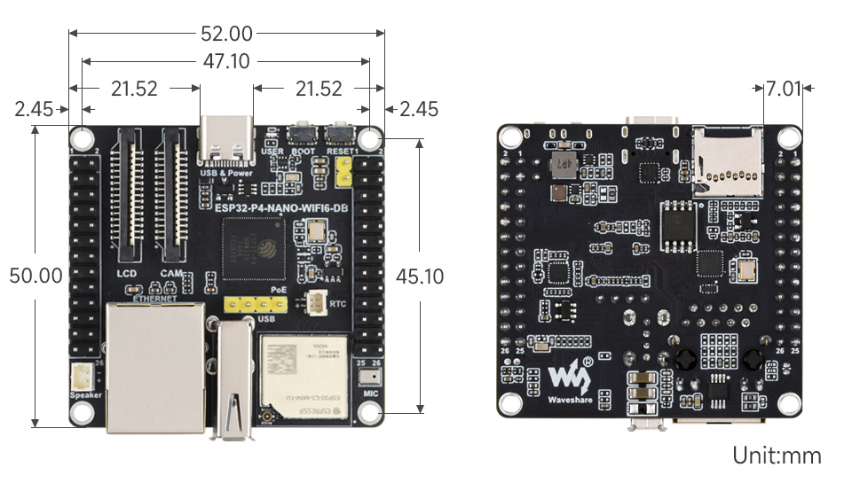 ESP32-P4-NANO-WIFI6-DB 开发板机械尺寸图 (52x50mm)