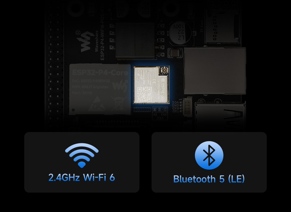 微雪 ESP32-P4-WIFI6-POE-ETH Wi-Fi 开发板，支持 Wi-Fi 6 和蓝牙模块