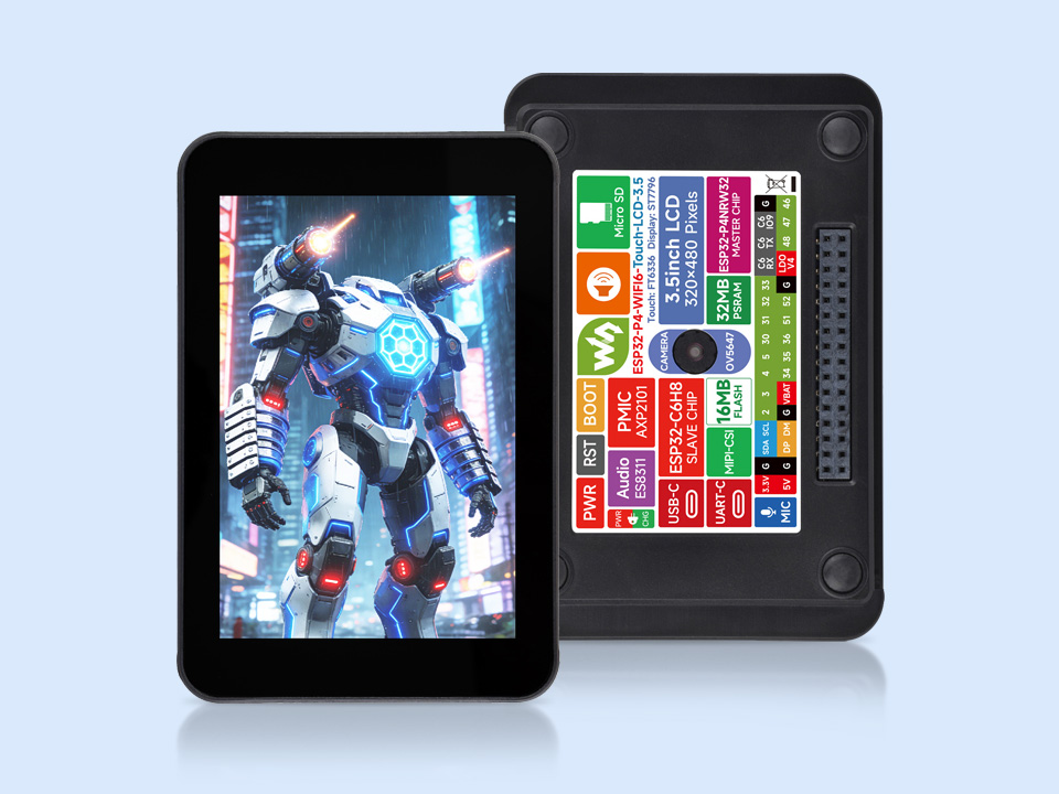 ESP32-P4 3.5 英寸电容触控屏开发板，并带有特性图标如：LX7双核处理器， Wi-Fi 6，蓝牙BLE5，板载天线，屏幕尺寸，5点触控，分辨率，262K彩色，音频播放，PCF85063 RTC时钟，QMI8658惯性计，多种接口