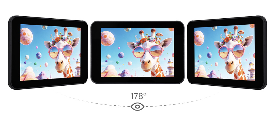 三个ESP32-P4 3.5 英寸电容触控屏开发板并列，并展示不同视角及IPS屏幕软件