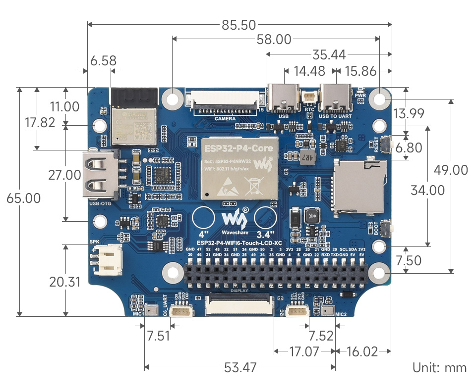 ESP32-P4-WIFI6-Touch-LCD 开发板 芯片尺寸