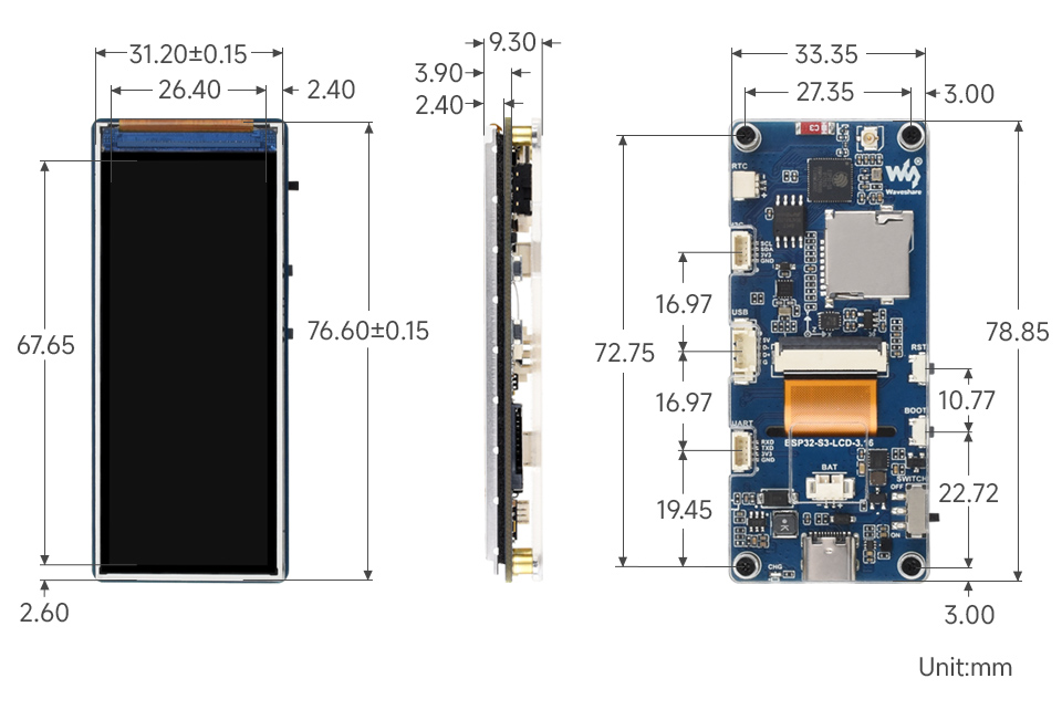 ESP32-S3 3.16 英寸液晶开发板产品尺寸