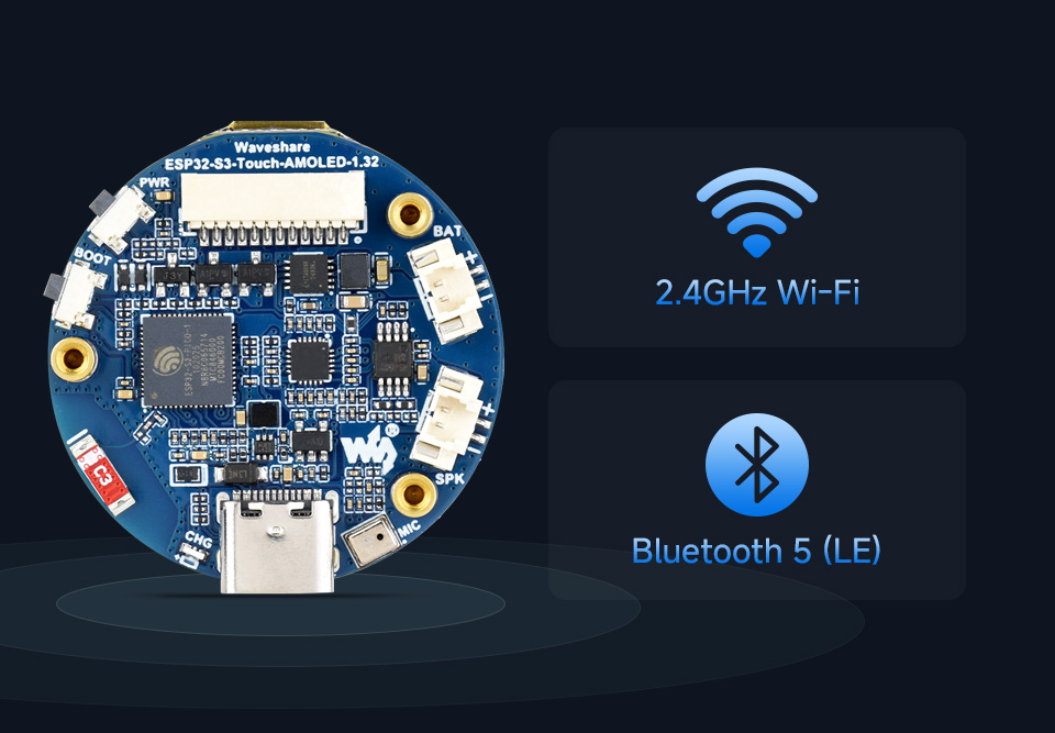 ESP32-S3-Touch-AMOLED-1.32 英寸开发板，支持 Wi-Fi 6 和 BLE 5