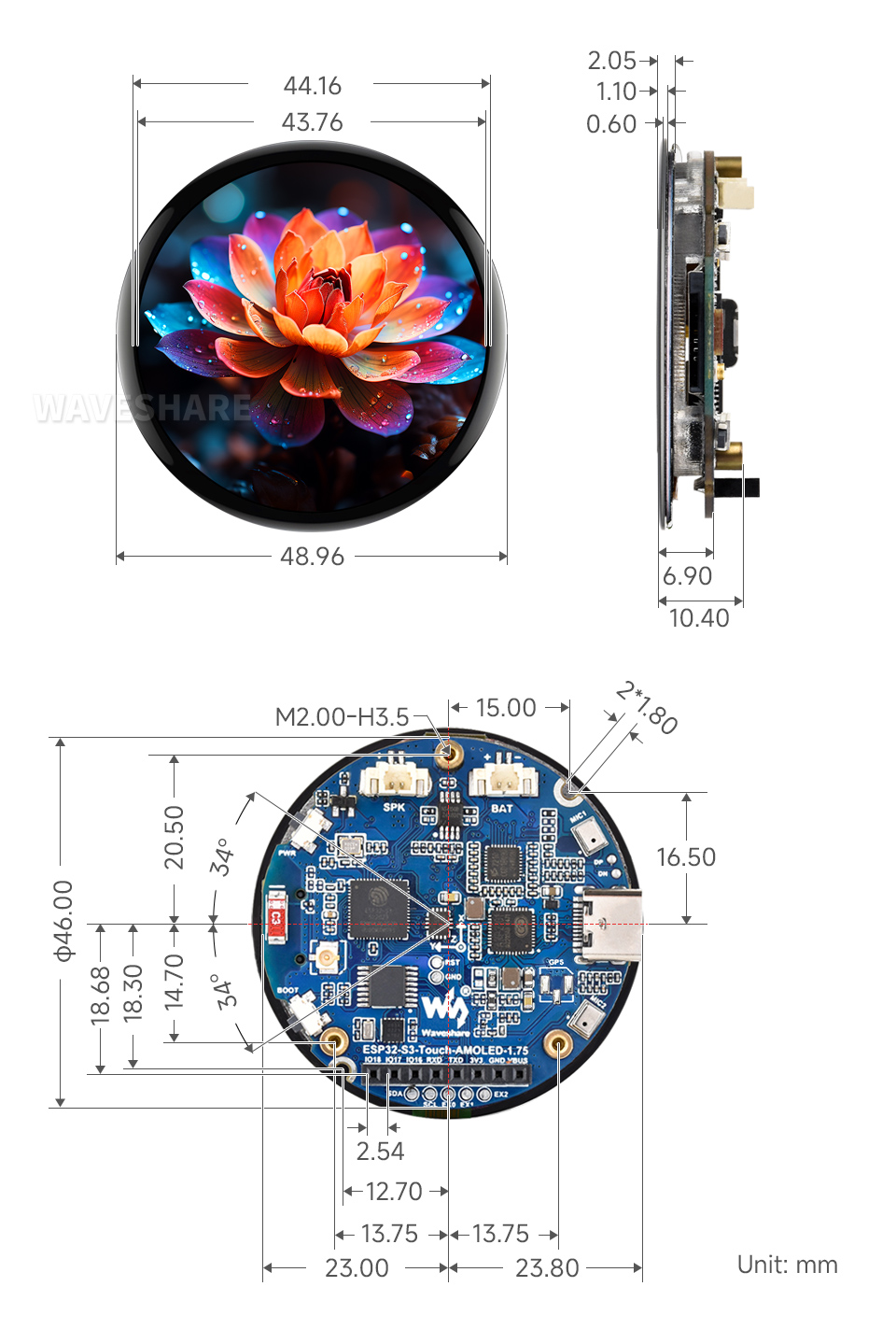 ESP32-S3 1.75 英寸电容触控屏开发板产品尺寸