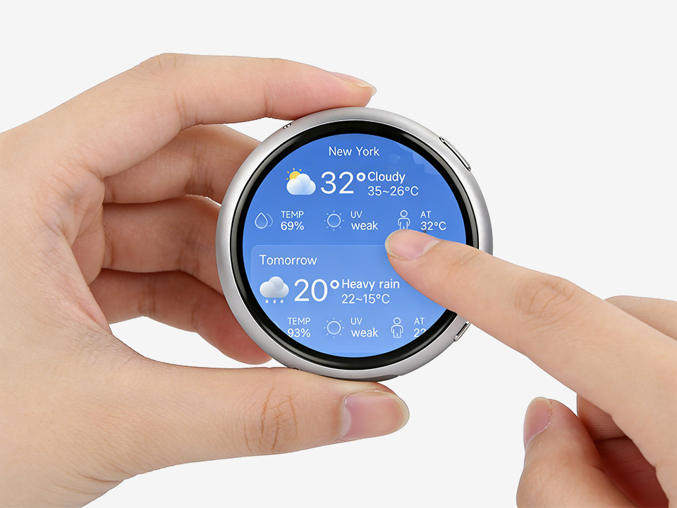 ESP32-S3 1.75 英寸电容触控屏开发板适用于各种智能设备开发，实现人机交互功能，可接入电池独立运行