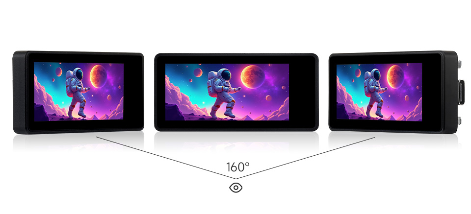 三个ESP32-S3 4 英寸电容触控屏开发板并列，并展示不同视角及IPS屏幕软件