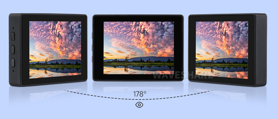 三个ESP32-S3 4 英寸电容触控屏开发板并列，并展示不同视角及IPS屏幕软件