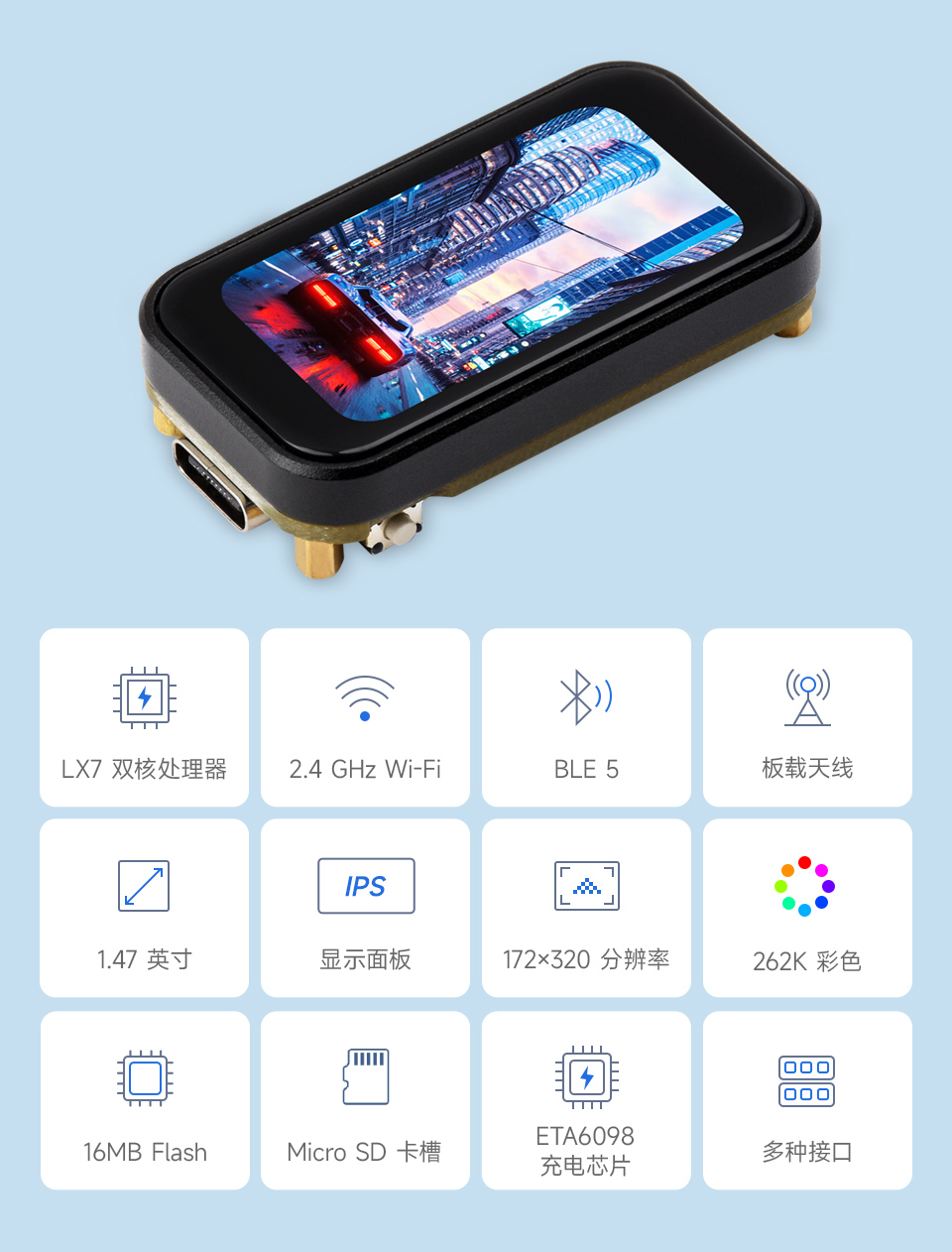 ESP32-S3-Touch-LCD 亮屏主图背景蓝色 LX7双核处理器 2.4GHz Wi-Fi BLE 5 板载天线 IPS 1.47 英寸 显示面板 172x320 分辨率 262K 彩色 16MB Flash Micro SD卡槽 ETA6098 充电芯片 多种接口
