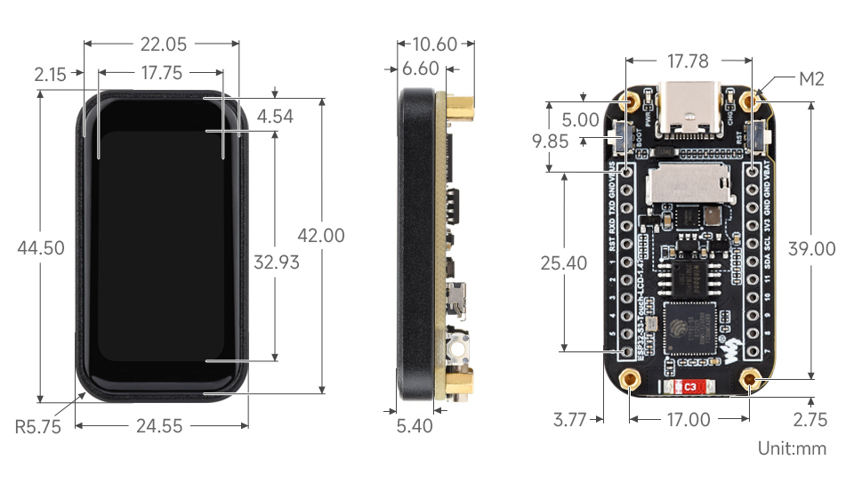 ESP32-S3-Touch-LCD 开发板产品尺寸图