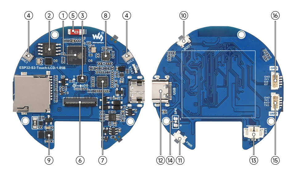ESP32-S3 1.85 英寸电容触控屏开发板板载资源标注介绍