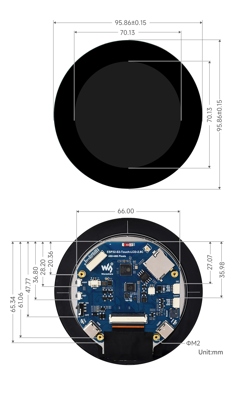 ESP32-S3 2.1 英寸电容触控屏开发板产品尺寸