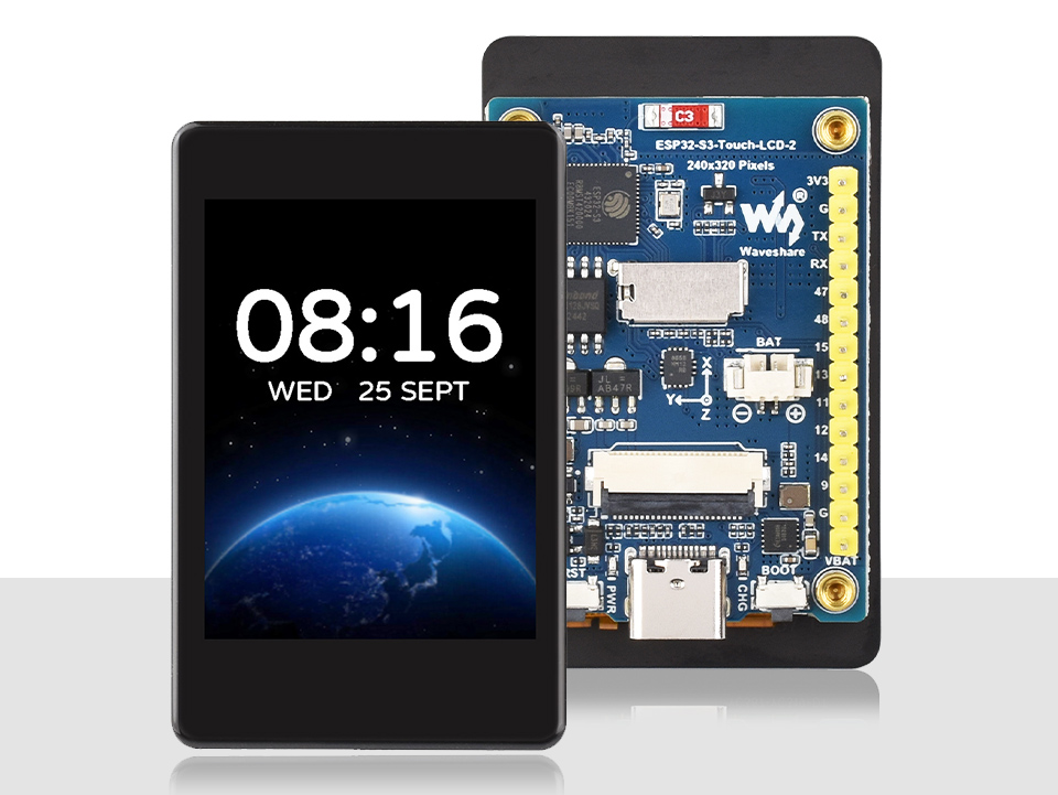 ESP32-S3 2.8 英寸电容触控屏开发板，并带有特性图标如：LX7双核处理器，2.4GHz Wi-Fi，蓝牙BLE5，板载天线，屏幕尺寸，5点触控，分辨率，262K彩色，音频播放，PCF85063 RTC时钟，QMI8658惯性计，多种接口