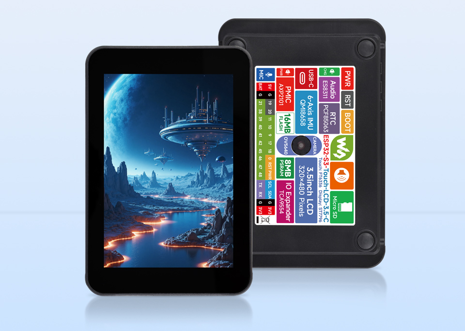 ESP32-S3 2.8 英寸电容触控屏开发板，并带有特性图标如：LX7双核处理器，2.4GHz Wi-Fi，蓝牙BLE5，板载天线，屏幕尺寸，5点触控，分辨率，262K彩色，音频播放，PCF85063 RTC时钟，QMI8658惯性计，多种接口