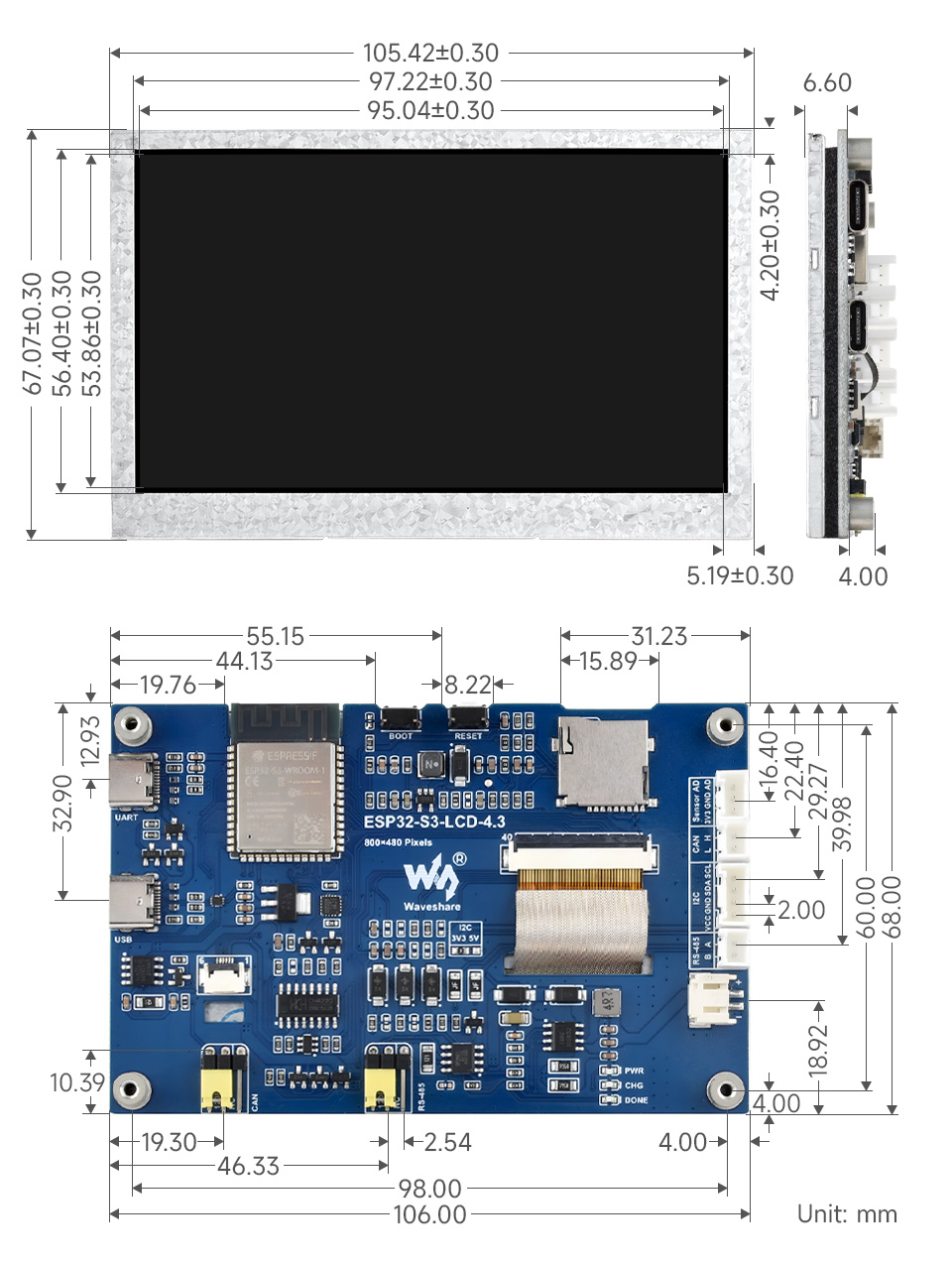 ESP32-S3 4.3 英寸开发板产品尺寸
