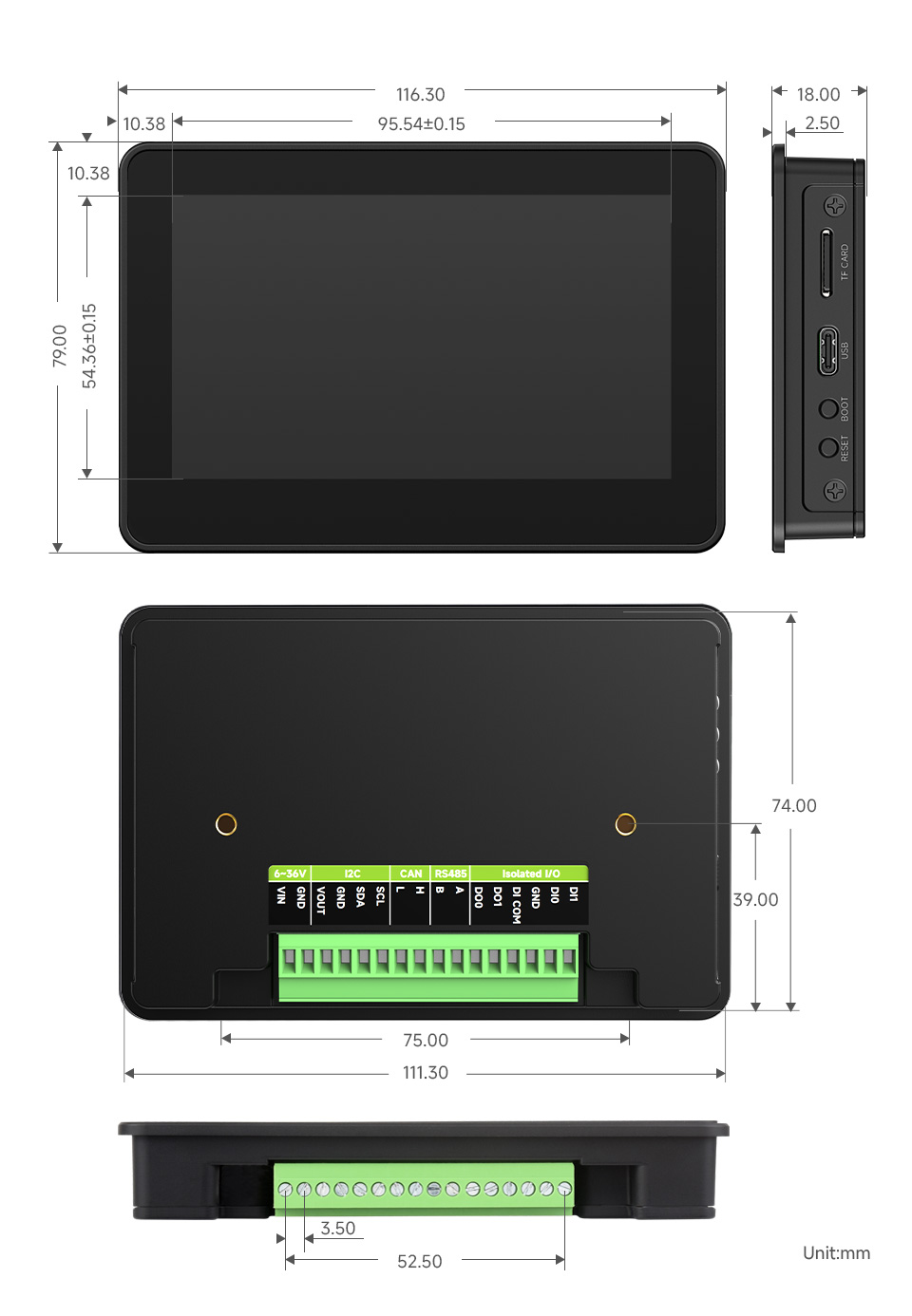 ESP32-S3 4.3 英寸电容触控屏开发板产品尺寸