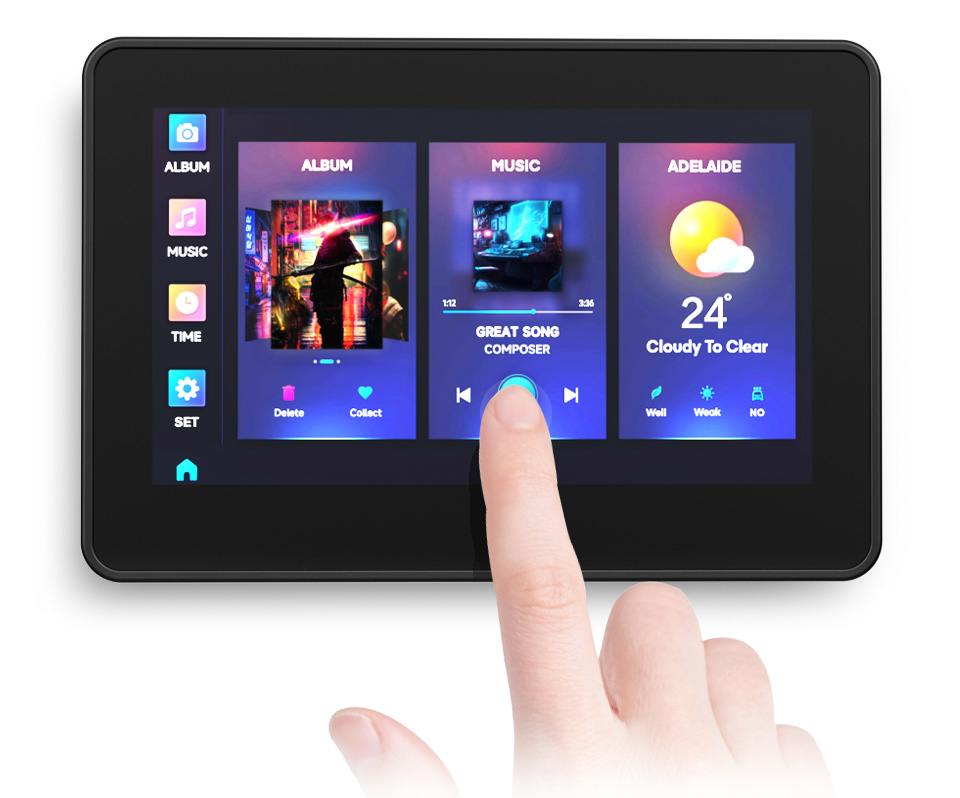 手指触摸ESP32-S3 4.3 英寸电容触控屏开发板的屏幕，界面显示 LVGL GUI 开发出来的 UI 界面