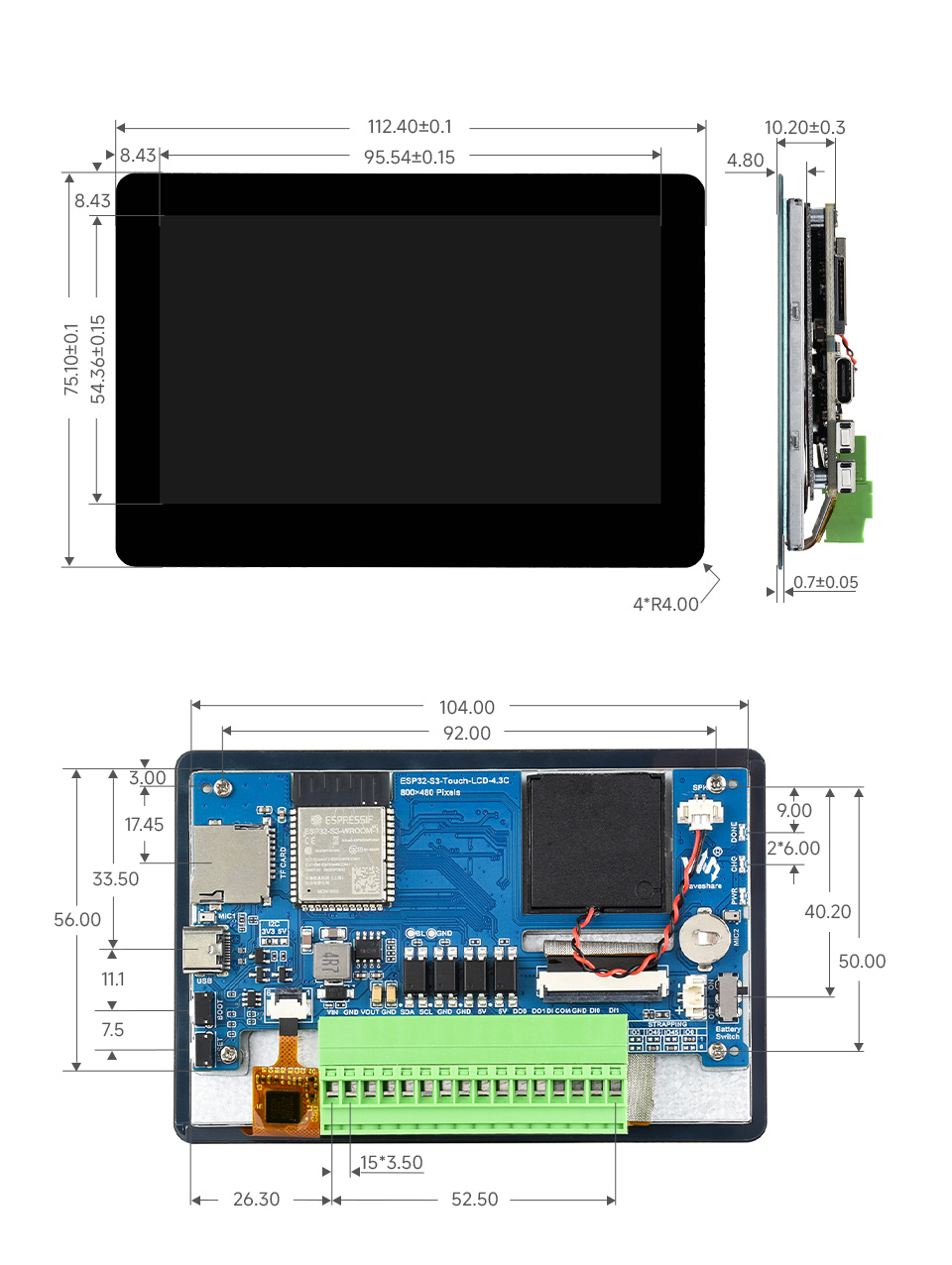 ESP32-S3 4.3 英寸电容触控屏开发板产品尺寸
