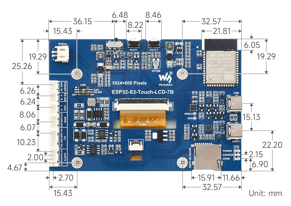 ESP32-S3 7 英寸电容触控屏开发板产品尺寸