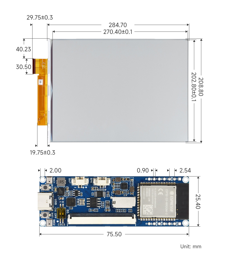 ESP32-S3 13.3 英寸全彩电子墨水屏驱动板 驱动板产品尺寸