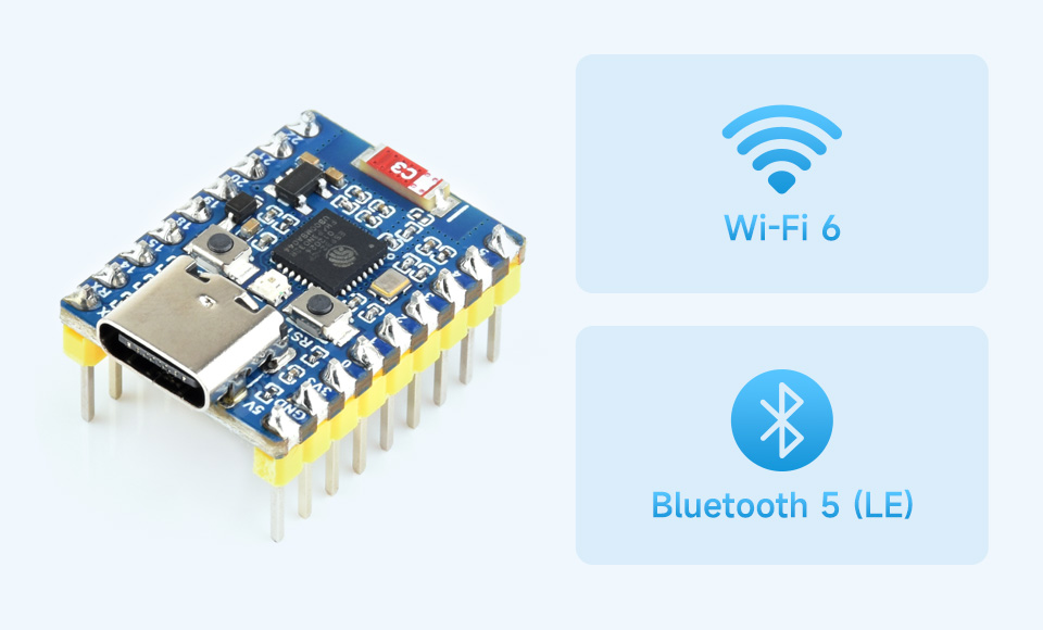 ESP32-C6-Zero，基础介绍：支持 Wi-Fi 6、蓝牙 5 和 IEEE 802.15.4 (Zigbee 3.0 和 Thread)，其低功耗蓝牙子系统支持 Bluetooth 5 (LE) 和 Bluetooth Mesh