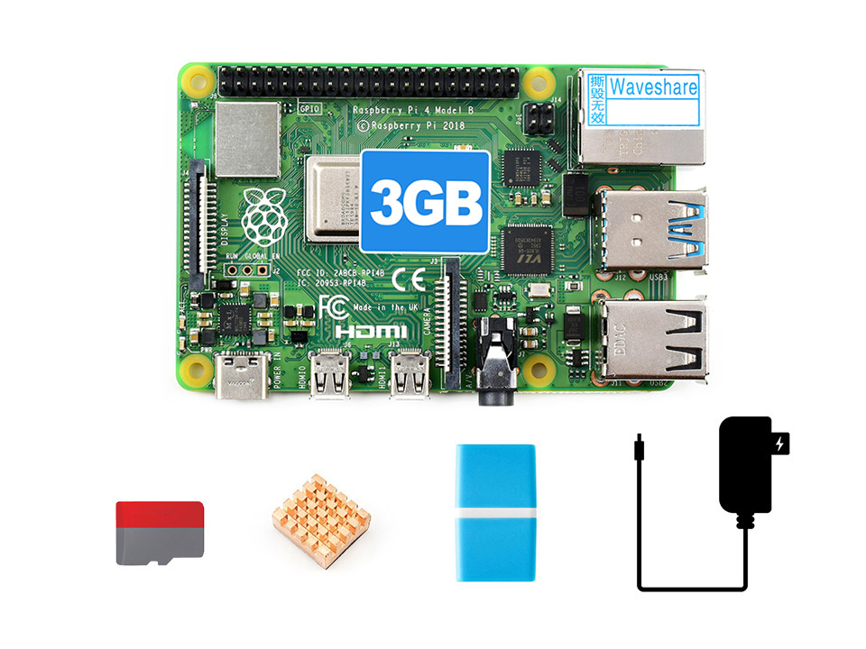 树莓派4代B入门套餐 含Pi4B-3GB 16G SD卡 读卡器 散热片 电源等