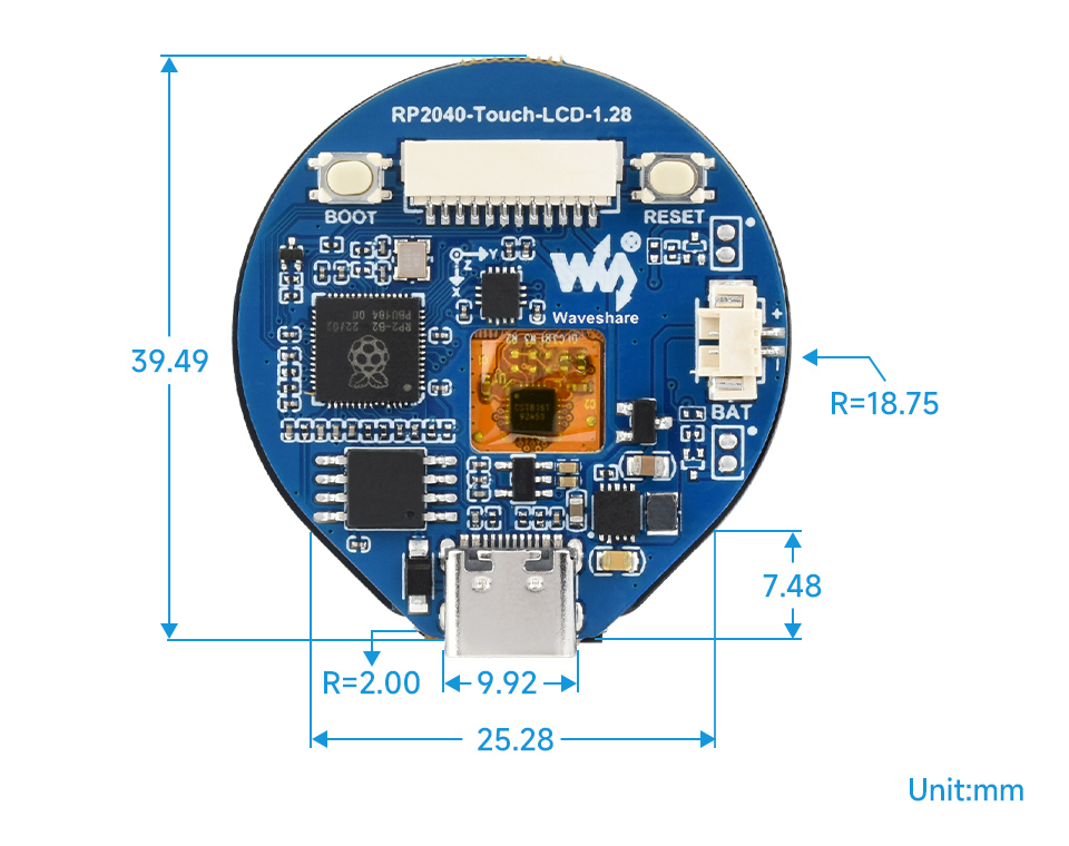 微雪 RP2040 触摸液晶开发板产品尺寸