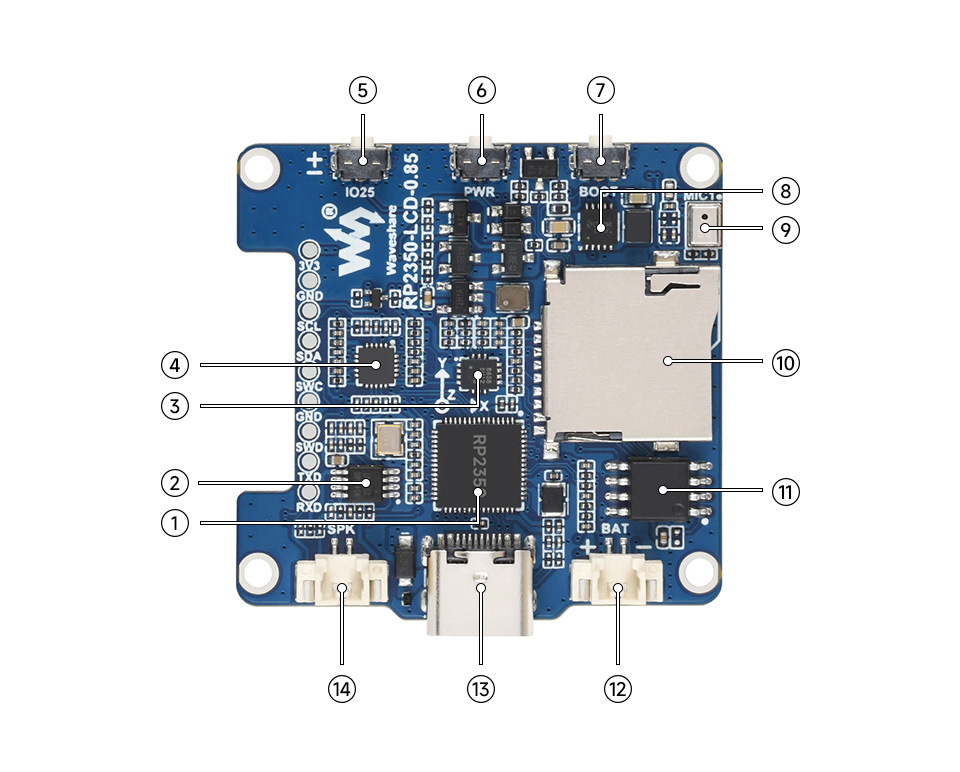 RP2350 0.85英寸LCD开发板板载资源标注说明