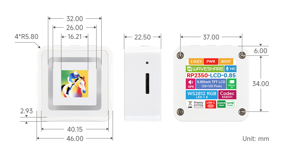 RP2350-LCD-0.85开发板产品尺寸标注图
