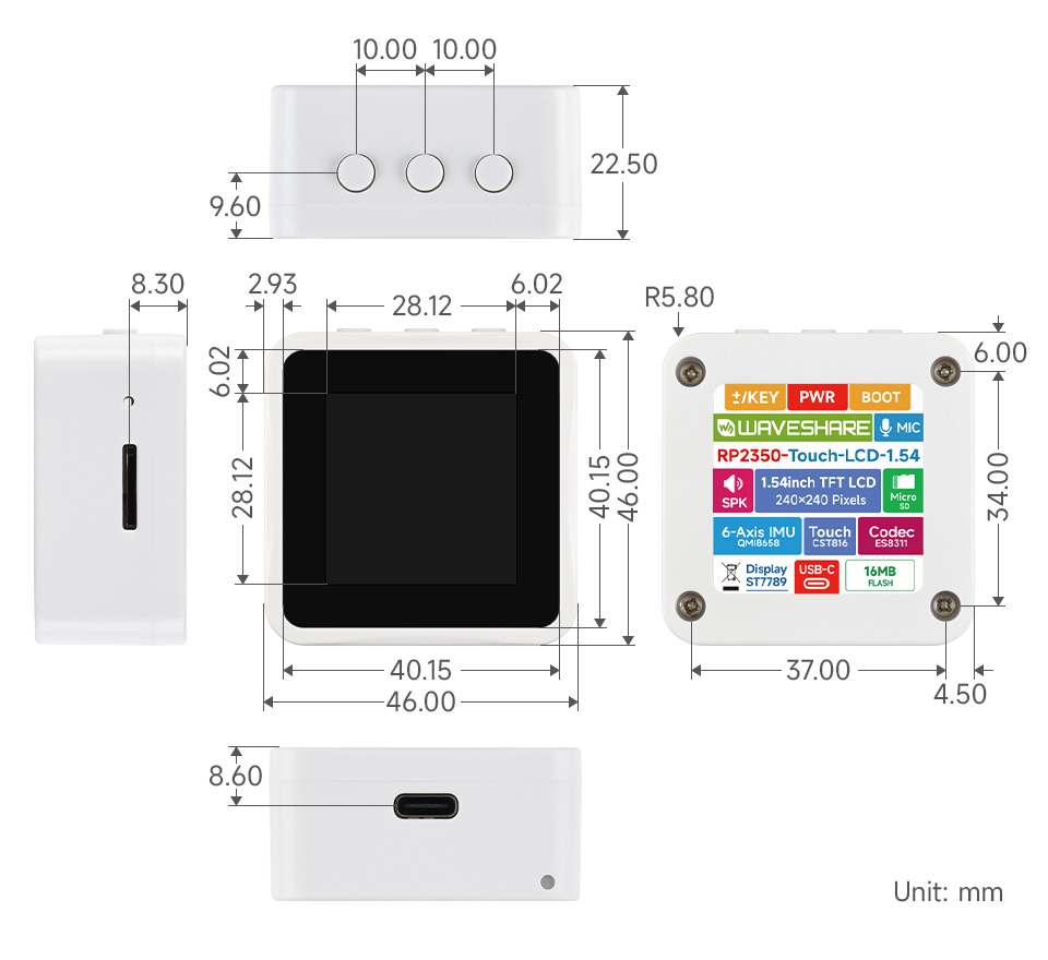 RP2350 1.54 英寸触摸液晶开发板产品尺寸