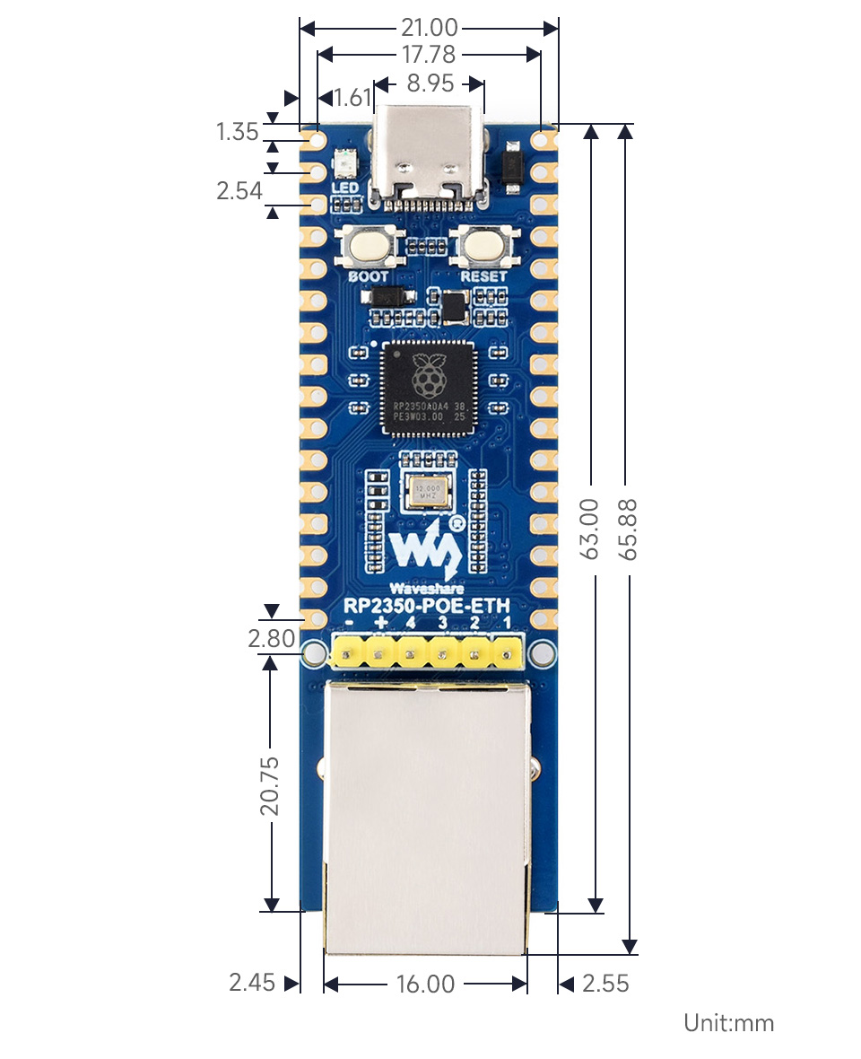 RP2350-POE-ETH 开发板机械尺寸图 单位 mm