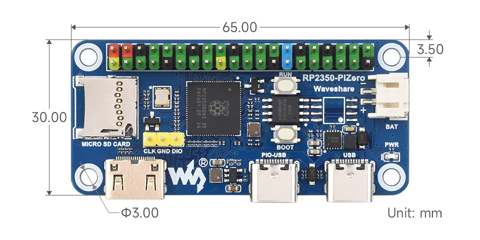 RP2350-PiZero 迷你开发板产品尺寸