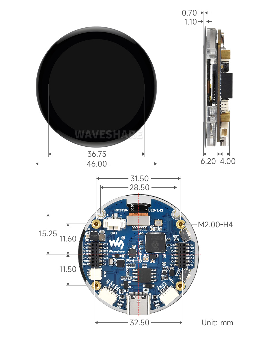 RP2350 4 英寸电容触控屏开发板产品尺寸