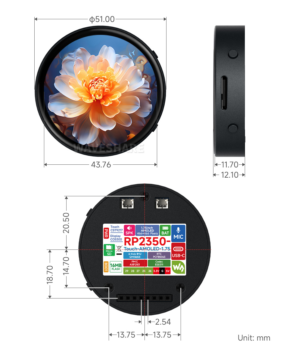 RP2350 1.75 英寸电容触控屏开发板产品尺寸