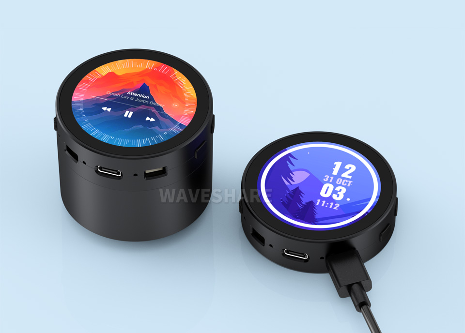 RP2350 1.85 英寸电容触控屏开发板，并带有特性图标如：双核双架构和 16MB flash，360×360 分辨率等