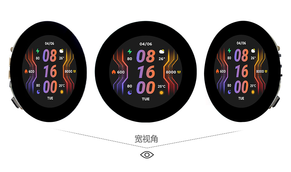 三个RP2350 2.1 英寸电容触控屏开发板并列，并展示不同视角及IPS屏幕软件
