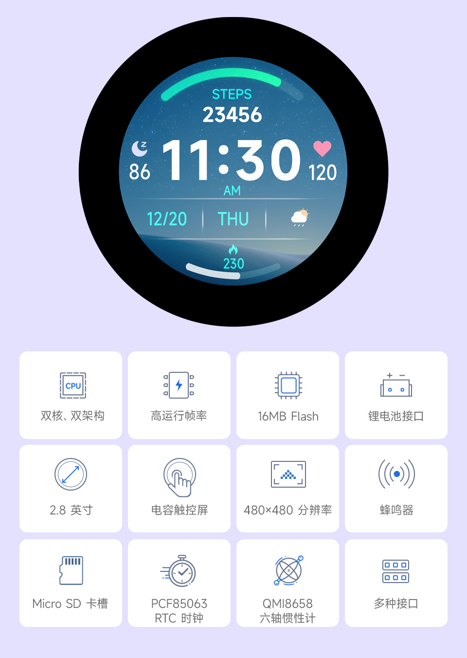 RP2350 2.1 英寸电容触控屏开发板，并带有特性图标如：LX7双核处理器，2.4GHz Wi-Fi，蓝牙BLE5，板载天线，屏幕尺寸，5点触控，分辨率，262K彩色，音频播放，PCF85063 RTC时钟，QMI8658惯性计，多种接口