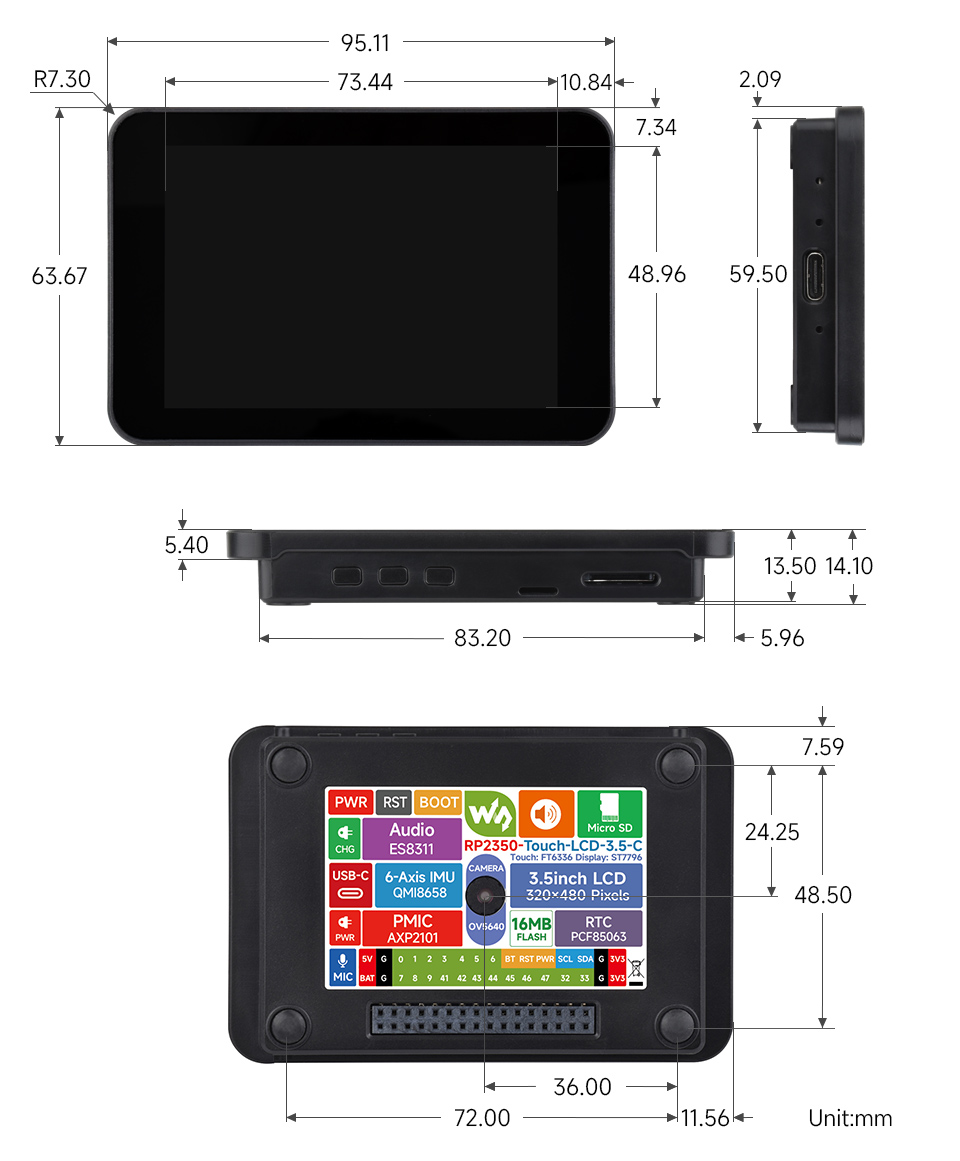 RP2350 3.5 英寸电容触控屏开发板产品尺寸